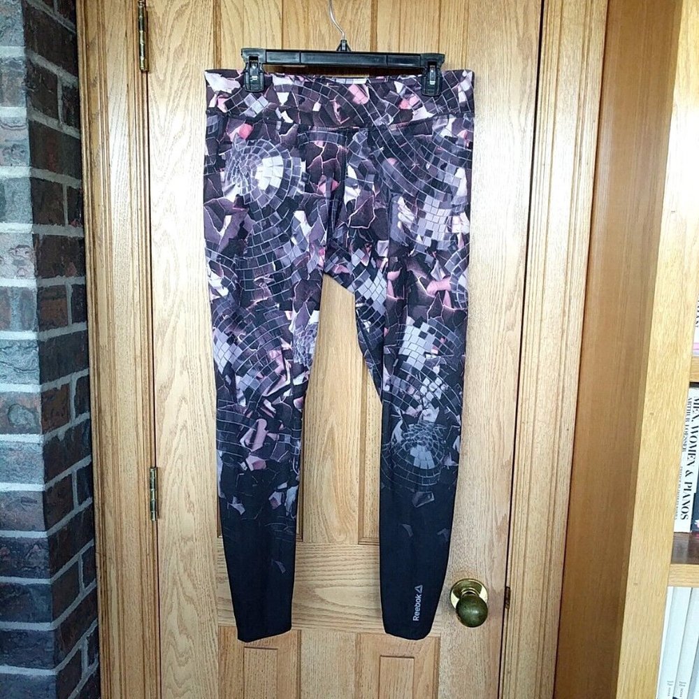 Reebok shattered disco ball pink/purple gym leggings L speedwick